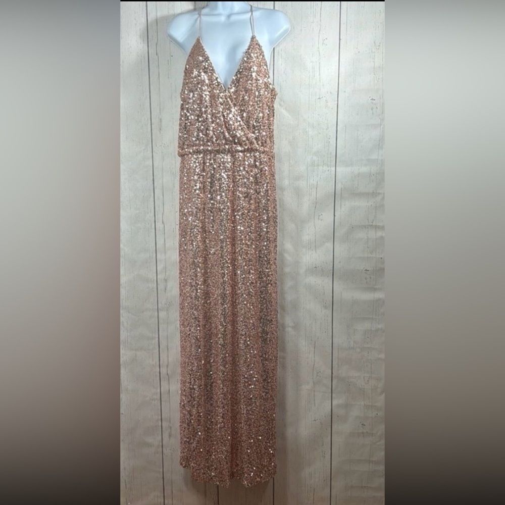 Belle Badgley Mischka Gold Sequin Maxi Dress Formal Gown Glam Party Prom